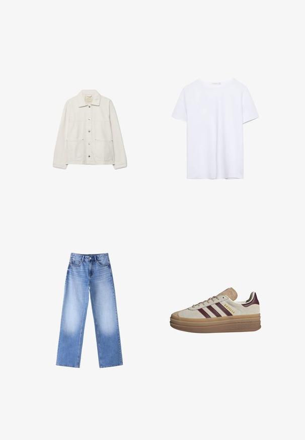 Off-white skjorteblusejakke med krave, lange ærmer, to forlommer og sølvfarvede trykknapper ned langs midten.; Simpel hvid kortærmet t-shirt med rund hals og lige kant, præsenteret på en hvid baggrund.; Blå denim jeans med høj talje, bredde lige ben og falmede områder på lårene, med frontknapper og lommer på hvid baggrund.; Beige ruskinds sneakers med maroon striber, hvide accenter, en kraftig gennemsigtig sål og forhøjet branding på siden. Snørebåndsdesign.