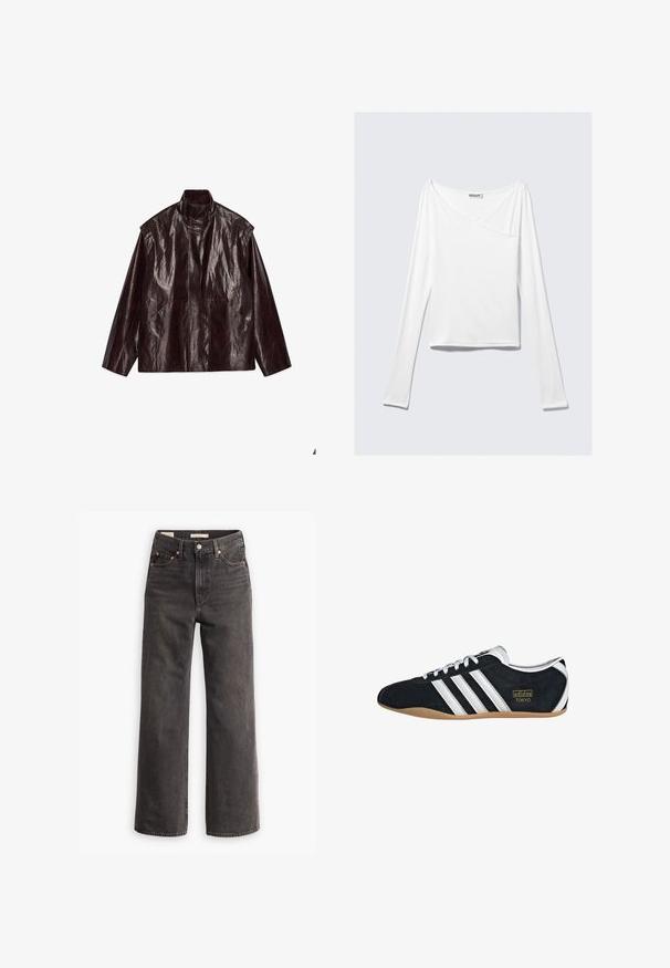 Chaqueta de cuero brillante marrón oscuro con cuello alto, mangas largas y dos bolsillos frontales, dispuesta plana sobre un fondo blanco.; Top blanco de manga larga con diseño cruzado y un bolsillo. Fabricado en una tela suave y elástica. Con un corte casual y relajado.; Jeans de tiro alto y pierna ancha en denim gris oscuro, con bolsillos frontales, remaches de cobre en contraste y un acabado limpio sin adornos.; Zapatillas de ante negro con tres franjas blancas, logotipo dorado y suela de goma marrón. Presentan un diseño de cordones de perfil bajo.