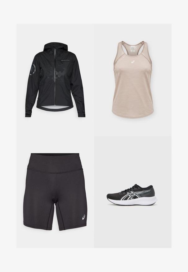 Sort vandtæt jakke med hætte, lynlås foran og reflekterende detaljer. Har en mat finish og subtilt camouflagemønster. Justerbare manchetter.; Beige ærmeløs Asics atletisk tanktop med racerback-design og lille hvidt logo på brystet.; Sorte atletiske shorts med en glat tekstur, tætsiddende design og høj talje. Har kontrasterende syninger og et lille logo på underbenet.; Sorte atletiske sko med en tekstureret mesh-overdel, hvide accenter og en polstret hvid sål. Har et logo på siden og snørebånd.