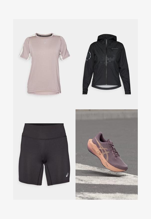 Čierna nepremokavá bunda s kapucňou, predným zipsom a reflexnými detailami. Má matný povrch a jemný kamuflážny vzor. Nastaviteľné manžety.; ASICS FUJITRAIL ELITE TOP - Športové tričko - rainstorm grey/cream; Čierne atletické šortky s hladkou textúrou, priliehavým strihom a vysokým pásom. Obsahujú kontrastné švy a malé logo na dolnej časti nohy.; Fialová a broskyňová bežecká topánka označená "FF Turbo" vo vzduchu nad asfaltom s bielymi cestnými značkami a malými čiastočkami nečistôt.