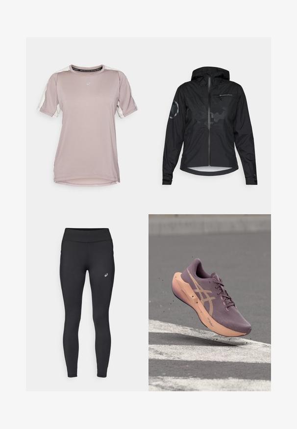 Čierna nepremokavá bunda s kapucňou, predným zipsom a reflexnými detailami. Má matný povrch a jemný kamuflážny vzor. Nastaviteľné manžety.; ASICS FUJITRAIL ELITE TOP - Športové tričko - rainstorm grey/cream; ASICS CORE WINTER - Zimné legíny - performance black; Fialová a broskyňová bežecká topánka označená "FF Turbo" vo vzduchu nad asfaltom s bielymi cestnými značkami a malými čiastočkami nečistôt.
