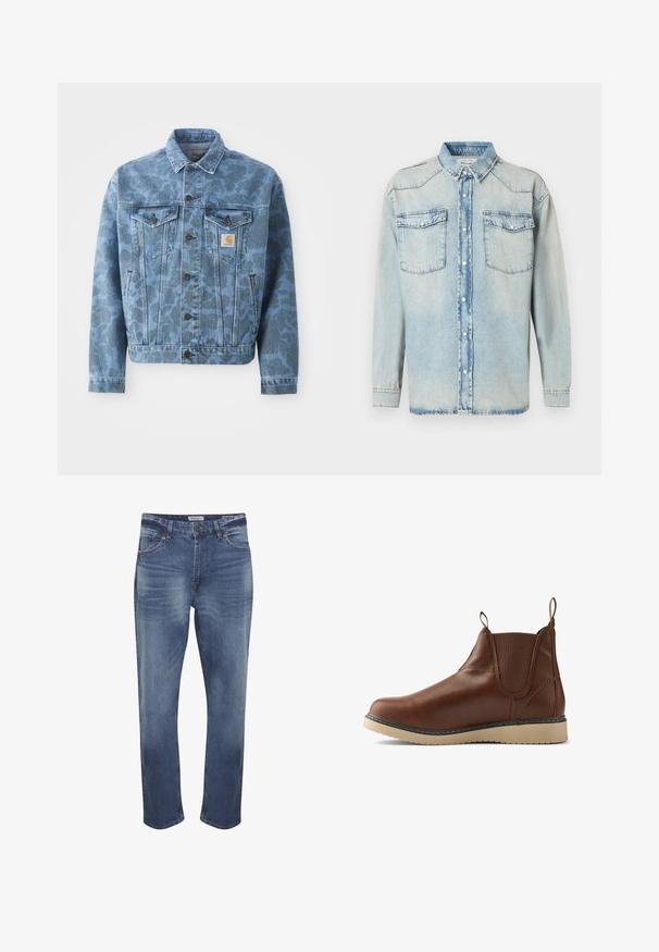 Denimjakke med et blåt camouflage mønster, to brystlommer, metalknapper og et Carhartt logopatch på venstre lomme.; Lyseblå denimskjorte med lange ærmer, to brystlommer, knaplukning og klassisk krave. Falmet tekstur over det hele.; Denimjeans i mellemblå med en falmet finish, fem-lomme design, lynlås og standard lige ben skæring. Distinkt syninger detaljer.; Brune læder ankelstøvle med elastiske sidepaneler, trækstropper og en cremefarvet gummisål. Glat overflade med kontrasterende syninger.