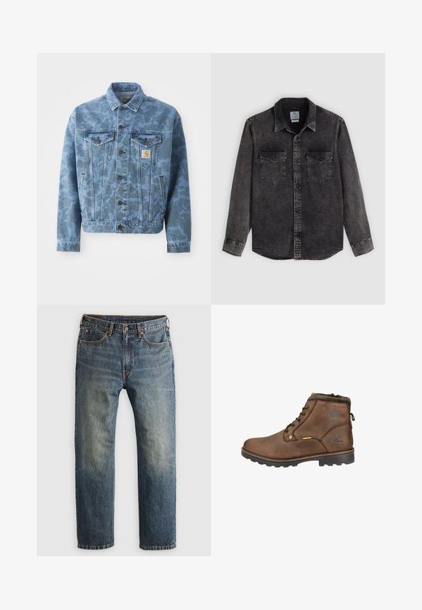 Denimjakke med et blåt camouflage mønster, to brystlommer, metalknapper og et Carhartt logopatch på venstre lomme.; Sort denimskjorte med knapper foran, to brystlommer og krave. Har en falmet struktur og kontrastsyninger.; Blå, falmede lige ben denim jeans med forlommer, bæltestropper, knap og lynlås lukning på en lys baggrund.; Brune læder ankelstøvle med afrundet tå, snørebåndsdesign, polstret krave og tekstureret gummisål. Har logo og metal-accenter.