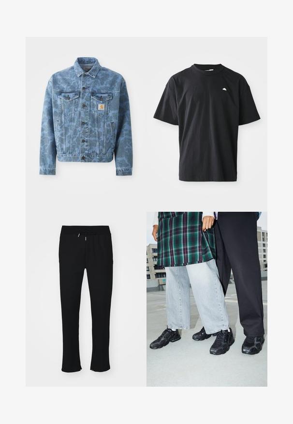 Denimjacke mit einem blauen Camouflagemuster, zwei Brusttaschen, Metallknöpfen und einem Carhartt-Logo-Patch auf der linken Tasche.; Schwarzes Baumwoll-T-Shirt mit lockerem Schnitt, kurzen Ärmeln, Rundhalsausschnitt und einem kleinen weißen Logoakzent auf der Brust. Glatte Textur.; Schwarze Jogginghose aus weichem Stoff, mit elastischem Taillenbund und Kordelzug, Schlitz am Saum und subtiler Mustergestaltung.; Schwarze Sportschuhe mit Mesh- und Gummielementen. Kombiniert mit hellgrauen weiten Jeans und einem karierten grünen Oberteil. Flacher Hintergrund.