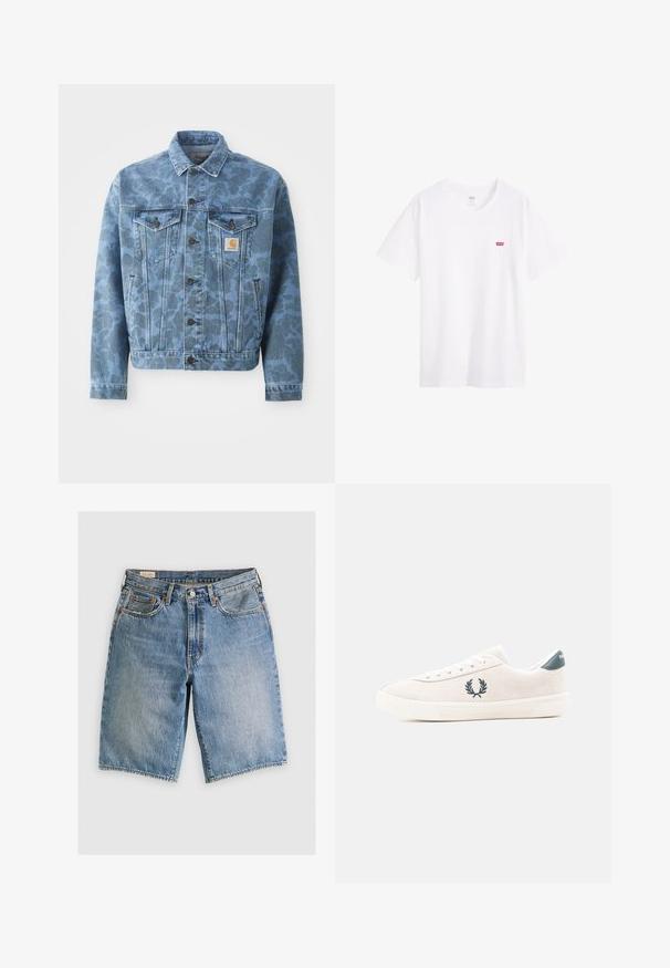 Denimjakke med et blåt camouflage mønster, to brystlommer, metalknapper og et Carhartt logopatch på venstre lomme.; Hvid bomulds t-shirt med rund halsudskæring, korte ærmer og et lille rødt Levi's-logo på venstre bryst. Glat tekstur, standard pasform.; Lyseblå denimshorts med klassisk snit. Har fem lommer, orange stikninger og rå skærmkanter.; Beige lavtop ruskinds-sneaker med hvid sål, snørebånd foran, laurbærkranslogo på siden og mørk hælflap.