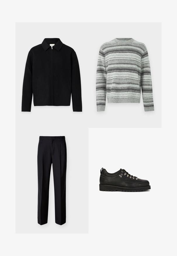 Schwarze Jacke mit Reißverschluss, Kragen und langen Ärmeln, mit zwei Vordertaschen, auf einem einfarbigen hellen Hintergrund dargestellt.; Hellgrauer Pullover mit dunkelgrauen und weißen horizontalen Streifen, aus weichem Strickmaterial, mit rundem Ausschnitt und langen Ärmeln.; Schwarze, maßgeschneiderte Hose mit geradem Schnitt, Falten vorne und seitlichen Taschen. Hergestellt aus einem glatten, leichten Stoff mit einfarbigem Muster.; Kazar Studio KS BLAISE - Sportlicher Schnürer - black