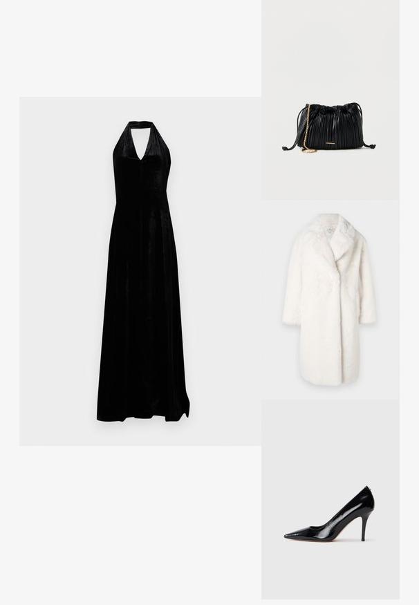 Weißer Kunstpelzmantel mit Schalkragen, oversize Schnitt und Dreiviertelärmeln. Weiche Textur ohne sichtbare Verschlüsse oder Muster.; Schwarzes Samt-Halterkleid mit tiefem V-Ausschnitt und bodenlanger Rock auf weißem Hintergrund.; Schwarzer Lackleder-Pumps mit hohem Absatz und spitzer Zehenpartie, mit glatter Textur und schlankem Stiletto-Absatz. Keine sichtbaren Beschläge.; Schwarze, plissierte Ledertasche mit Kordelzug, goldener Kettenriemen und kleinem, horizontalem goldfarbenem Akzent auf der Vorderseite.