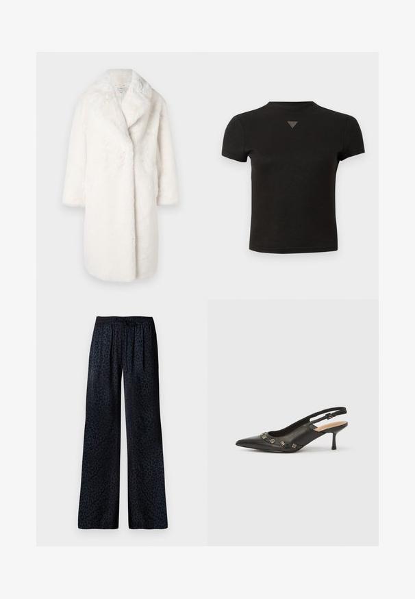 Abrigo de pelo sintético blanco con un cuello chal, forma oversized y mangas de tres cuartos. Textura suave sin cierres visibles ni patrones.; Camiseta negra corta con un pequeño detalle triangular de tachuelas en la parte frontal cerca del escote.; Pantalones de pierna ancha en tejido oscuro con un sutil estampado de leopardo negro, cinturilla elástica y un drapeado cómodo.; Zapato de tacón con talón descubierto en piel negra, punta puntiaguda, tacón pequeño y detalles metálicos decorativos a lo largo de la abertura frontal. Textura lisa.