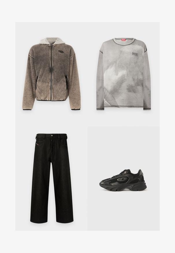 Veste en polaire marron zippée, avec une capuche doublée en sherpa et des poches latérales, dotée d'un petit écusson logo noir sur la poitrine gauche.; Sweat-shirt Diesel gris clair à manches longues avec un imprimé abstrait subtil et des détails de surpiqûres noires contrastantes au niveau de l'encolure, des poignets et de l'ourlet.; Jean noir à jambes larges en denim, présentant une fermeture éclair, cinq poches et un branding discret sur la poche avant. Tissu durable et texturé.; Baskets de sport noires avec une tige en mesh et synthétique, semelle incurvée, col rembourré et accents de logo subtils. Détails texturés sur les panneaux latéraux.
