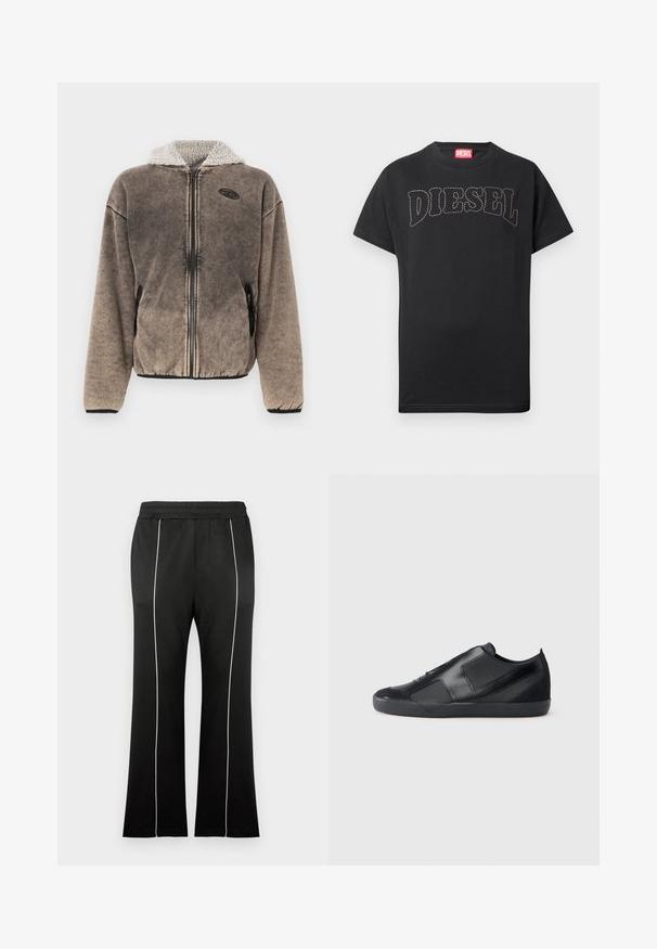 Veste en polaire marron zippée, avec une capuche doublée en sherpa et des poches latérales, dotée d'un petit écusson logo noir sur la poitrine gauche.; T-shirt noir à manches courtes avec texte "DIESEL" courbé et cousu sur la poitrine, et étiquette rouge à l'intérieur du col.; Pantalon de sport noir avec une taille cintrée, doté de bandes blanches sur les côtés et d'une coupe évasée aux jambes. Fabriqué en tissu doux et extensible.; Baskets noires au design élégant, fabriquées en cuir lisse avec des accents en daim. Présentent des panneaux angulaires et un bout arrondi. Semelle en caoutchouc.