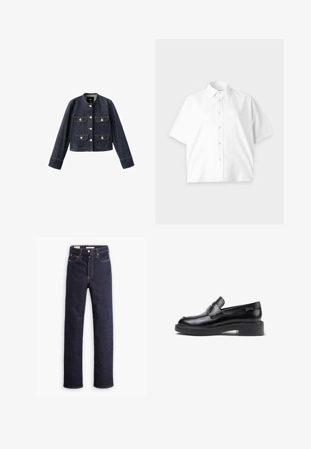 Mørkeblå denimjakke med lange ærmer, rund krave, fire forlommer med klap og beige knapper samt knaplukning foran.; Hvid kortærmet skjorte med knapper og krave, enkelt design og diskret logo på brystet, vist på en lys baggrund.; Mørkeblå straight-leg denim jeans med fem lommer og synlig orange syning på hvid baggrund.; Sorte læder loafers med en rund tå, der har et syet design og en kraftig gummisål. Accenteret med en dekorativ strop.