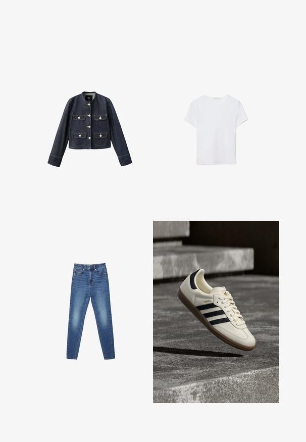 Dunkelblaue Denimjacke mit langen Ärmeln, rundem Kragen, vier vorderen Klappentaschen mit beigen Knöpfen und Knopfverschluss vorne.; Weißes kurzärmliges T-Shirt aus weichem Stoff. Hat einen runden Halsausschnitt und ein einfaches, sauberes Design mit geradem Saum.; Blaue, hoch taillierte, schmal geschnittene Jeans aus Denim mit Taschen vorne und hinten, Knopfverschluss sowie dezenten Verwaschungen an Oberschenkeln und Knien.; Weißer Adidas Samba Sneaker mit schwarzen Streifen und Gummisohle, schwebend über strukturierten grauen Betontreppen.