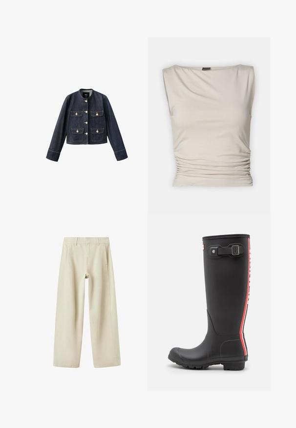 Veste en denim bleu foncé à manches longues, col rond, quatre poches à rabat devant avec boutons beige, et fermeture à boutons devant.; Gina Tricot SOFT TOUCH BOATNECK TOP - Débardeur - pumice stone; Pantalon beige à jambes larges avec poches latérales, passants de ceinture et coutures visibles, présenté à plat sur fond blanc.; Botte de pluie en caoutchouc noir avec surface texturée, design haut, rayures verticales rouges et blanches, sangle ajustable et détail de boucle.