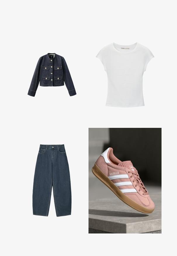 Mørkeblå denimjakke med lange ærmer, rund krave, fire forlommer med klap og beige knapper samt knaplukning foran.; Hvid bomuld t-shirt med korte, opsmøgede ærmer, rund halsudskæring og lige kant. Glat tekstur uden synlige mønstre eller detaljer.; Mørkeblå denim buede bukser med høj talje, som har fem lommer og synlige stingdetaljer. Ren, minimalistik design.; Rosa ruskinds sneaker med hvide striber, gummisål, tekstureret overdel og logo på tungen. Klassisk low-top design.