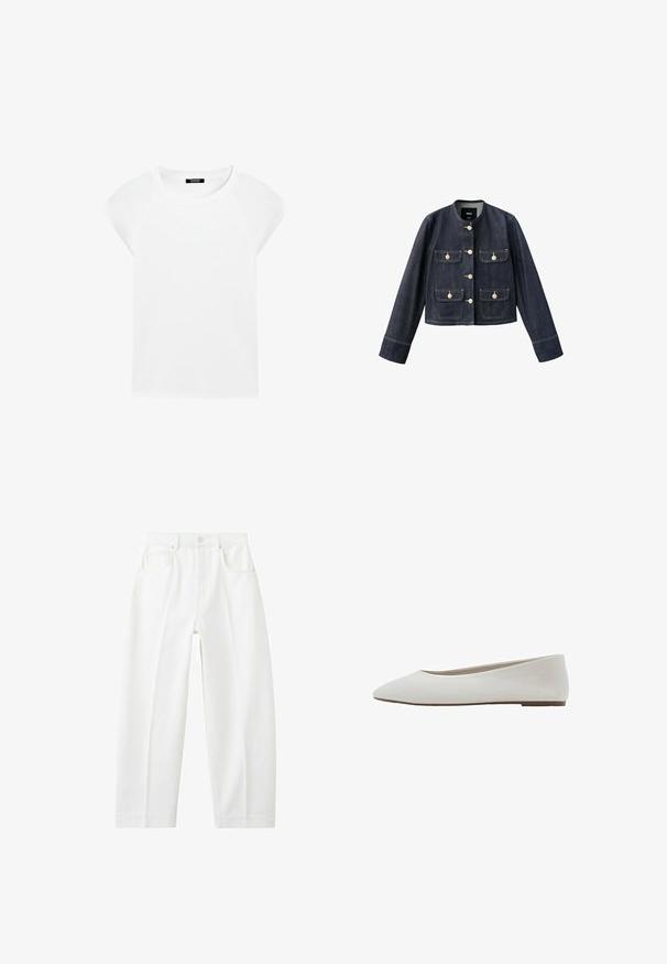 Veste en denim bleu foncé à manches longues, col rond, quatre poches à rabat devant avec boutons beige, et fermeture à boutons devant.; T-shirt blanc uni à manches courtes avec un col rond et des manches raglan, présenté sur un fond blanc.; Jean blanc à taille haute, coupe droite, avec poches avant, passants pour ceinture et fermeture par bouton.; Chaussure plate blanche avec un design à bout pointu, dessus en textile lisse, petit talon et style minimaliste sans motifs ni embellissements visibles.