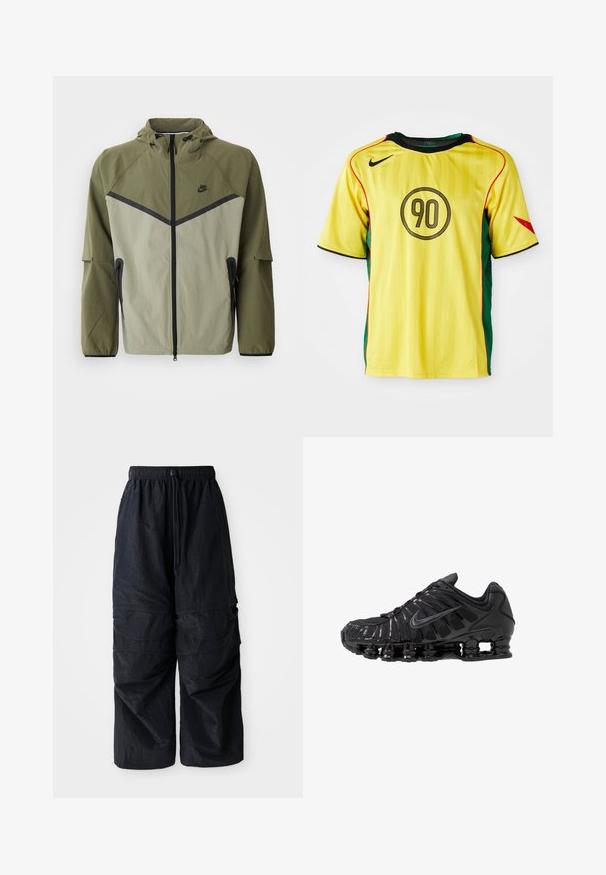 Herren Nike-Jacke in Olivgrün und Hellgrau, mit Reißverschluss, Kapuze und schwarzen Akzenten. Hergestellt aus leichtem, strukturiertem Stoff.; Gelbes Fußballtrikot von Nike mit grünen seitlichen Einsätzen, schwarzen Akzenten und roten Details. Auf der Vorderseite befindet sich ein runder schwarzer "90"-Aufdruck.; Schwarze, leichte Nylon-Cargohosen mit elastischem Bund, verstellbarem Kordelzug und mehreren geschichteten Taschen an den Beinen.; Schwarze Sportschuhe aus Mesh- und synthetischen Materialien mit einem markanten wellenförmigen Design, schwarzer Gummisohle und reflektierenden Akzenten.