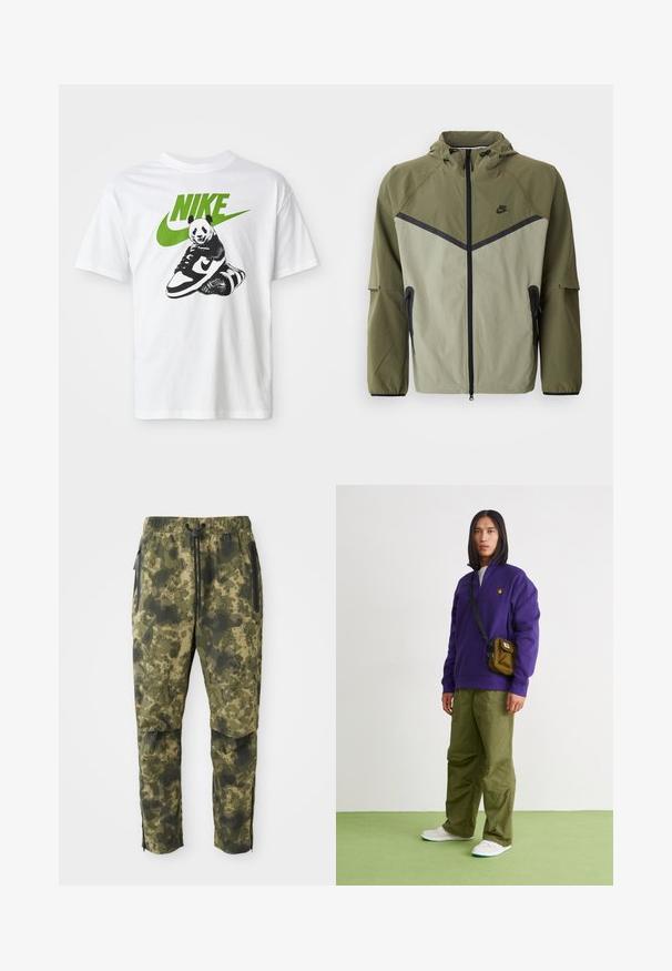 Herren Nike-Jacke in Olivgrün und Hellgrau, mit Reißverschluss, Kapuze und schwarzen Akzenten. Hergestellt aus leichtem, strukturiertem Stoff.; Weißes Baumwoll-T-Shirt mit einem schwarz-weißen Panda-Graphic, der einen Nike-Sneaker hält, mit einem grünen Nike-Logo darüber.; Tarnhosen in verschiedenen Grüntönen mit einem digitalen Muster. Sie verfügen über einen elastischen Bund, einen Kordelzug und seitliche, mit Reißverschluss ausgestattete Taschen.; Jordan AIR JORDAN 1 ZM CMFT 2 - Sneaker high - summit white/bicoastal/oxidized green