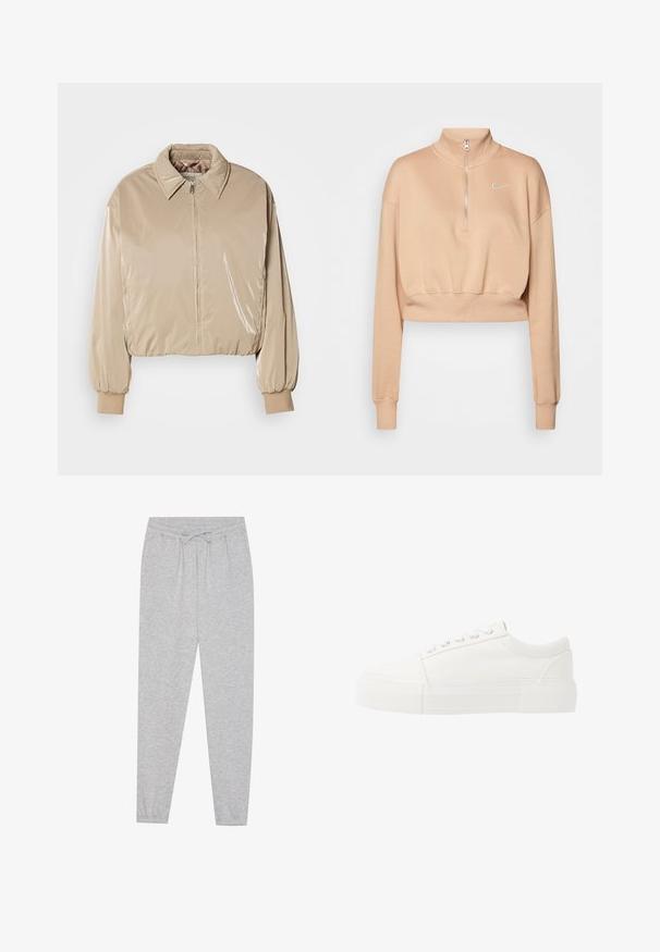 Chaqueta de plumas beige y brillante con cuello tipo camisa, cremallera frontal y puños elásticos. Presenta un diseño corto y una textura suave.; Nike Sportswear Sudadera - hemp/sail; Pantalones de chándal grises con una textura suave, cinturilla elástica y detalle de cordón. Diseño de pierna ajustada con un ajuste casual.; Zapatillas de lona blancas con una gruesa suela de goma blanca, que cuentan con una punta redondeada y un diseño clásico de cordones con cinco ojetes.