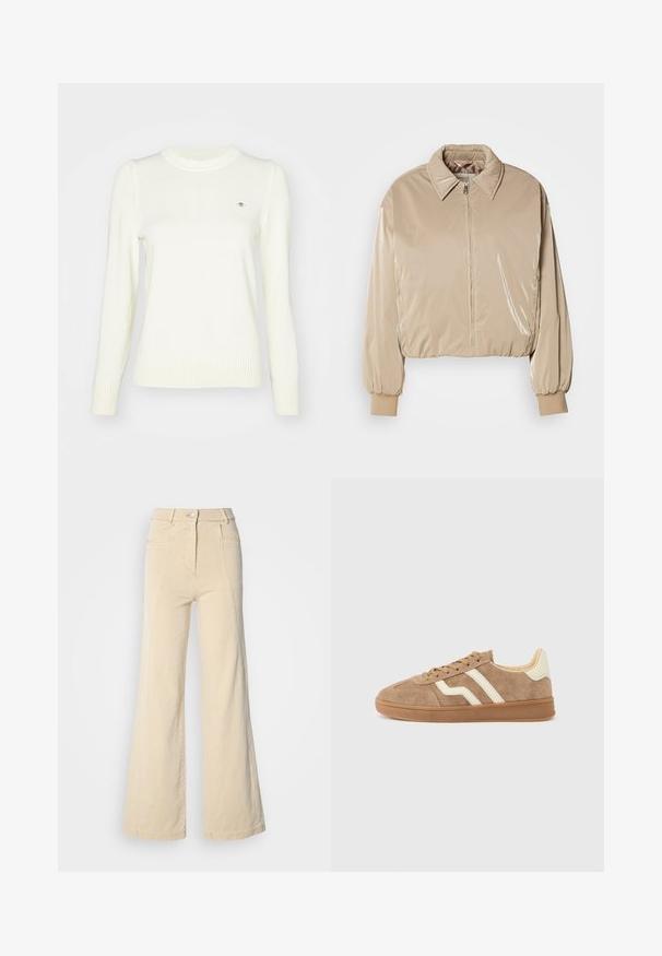 Chaqueta de plumas beige y brillante con cuello tipo camisa, cremallera frontal y puños elásticos. Presenta un diseño corto y una textura suave.; Suéter de color crema claro, textura de punto, cuello redondo, mangas largas, puños y dobladillo acanalados. Detalle sutil del logo en el pecho.; Jeans beige de pierna ancha con cintura alta, bolsillos frontales y costuras en contraste, con cierre de botón y una textura de algodón suave.; Zapatilla deportiva de ante marrón con franjas blancas de acento, puntera redonda, interior beige y suela de goma. Cordones con superficie texturizada.