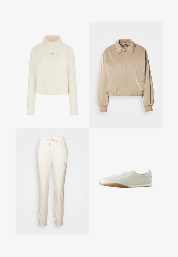 Beige, glänzende Pufferjacke mit Kragen, Frontreißverschluss und elastischen Bündchen. Verfügt über ein kürzer geschnittenes Design und eine glatte Textur.; Guess Sweatshirt - crema; Cremfarbene Jogginghosen aus weichem Stoff, mit einem elastischen Bund und Kordelzug sowie gerippten Bündchen an den Knöcheln.; Weißer Sneaker mit brauner Gummisohle, Nahtdetails, Schnürung vorne und gesticktem Logo an der Seite.