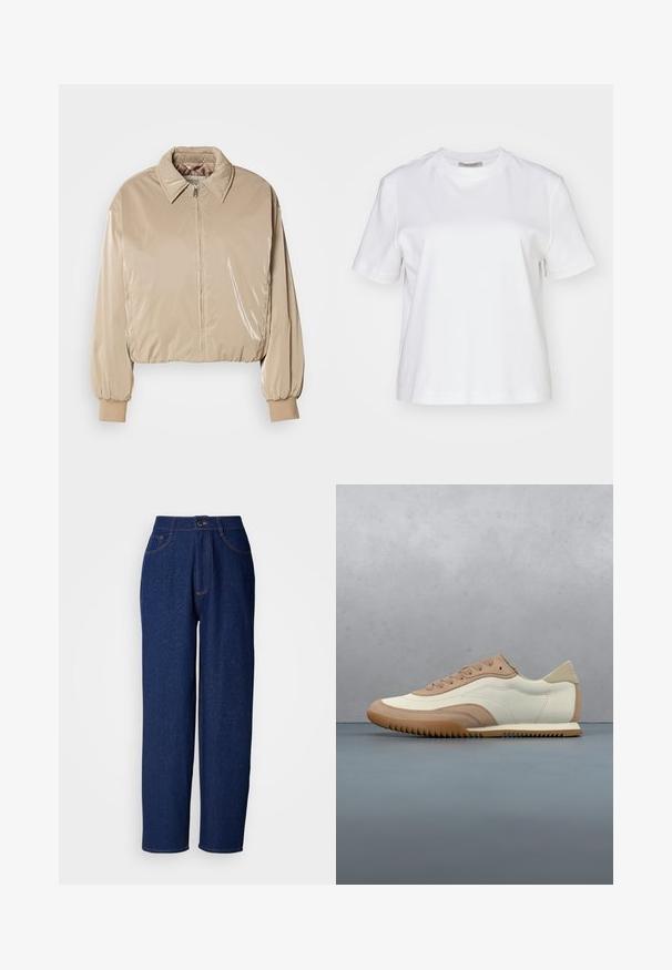 Beige, glänzende Pufferjacke mit Kragen, Frontreißverschluss und elastischen Bündchen. Verfügt über ein kürzer geschnittenes Design und eine glatte Textur.; AllSaints LISA TEE - T-Shirt basic - white; Dunkelblaue Denim-Hosen im weiten Schnitt mit hoher Taille, ausgestattet mit orangefarbenen Nähten, Vorderaschen und einem Knopfverschluss. Glatte Textur mit feinen Sprenkeln.; Beige-weißer Sneaker mit einer strukturierten Oberseite, Schnürsenkeln und einer Gummisohle, präsentiert über einer Holzfläche mit Kieselsteinen.