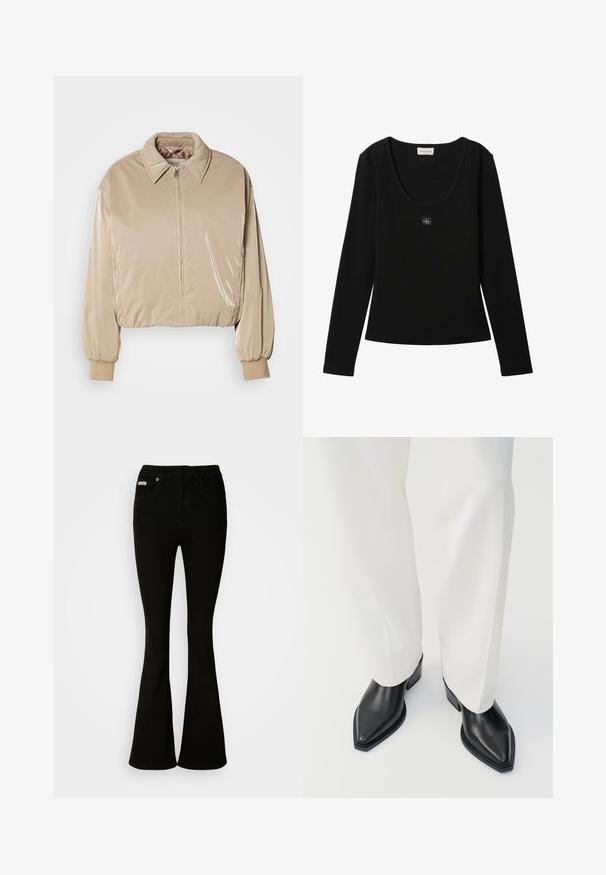 Beige, glanzende pufferjack met een kraag, een rits aan de voorkant en elastische manchetten. Beschikt over een cropped ontwerp en een soepele textuur.; Zwarte geribde top met lange mouwen, ronde halslijn en klein Calvin Klein-logo patch in het midden van de borst.; Zwarte uitlopende jeans met een strakke taille, gemaakt van zachte denim. Bevat twee voorkruiden en een klassieke knoop- en ritssluiting.; Zwarte puntige enkellaarzen met een gladde leren afwerking, lage blokhakken, gecombineerd met witte wijde broekspijpen. Eenvoudig en modern design.