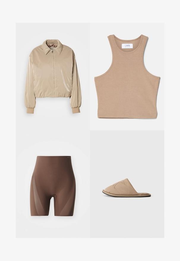 Beige lesklá prešívaná bunda s golierom, predným zipsom a elastickými manžetami. Má skrátený strih a hladkú textúru.; 7 DAYS Active CROPPED - Top - mountain trail; Hnedé tvarujúce šortky s hladkým, elastickým materiálom. Disponujú vysokým pásom a bezšvovým prevedením pre pohodlie a diskrétne nosenie.; Svetlobéžová nazúvacia obuv s vypolstrovaným vrchom, zdobená dekoratívnym švom a plochou gumovou podrážkou, navrhnutá pre pohodlie a jednoduché obúvanie.