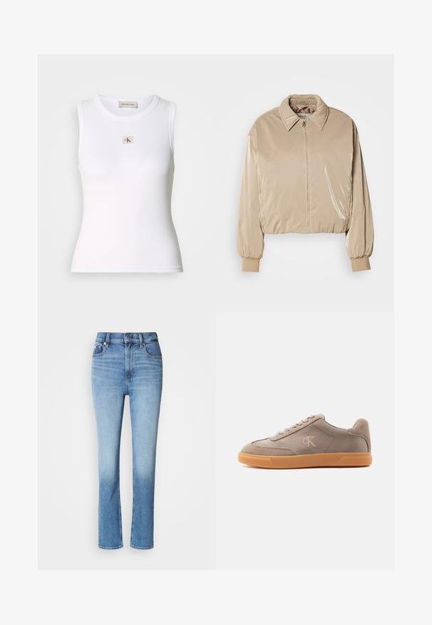 Beige, blank pufferjakke med krave, forreste lynlås og elastiske manchetter. Har et cropped design og en glat tekstur.; Hvid ribbet ærmeløs top med Calvin Klein Jeans-mærke på brystet og indvendig nakkemærke.; Blå denimjeans med høj talje, lige ben-design, falmede farvegradient og fem-lomme stil. Metalknap- og lynlås-lukning.; Taupe lavtop sneaker med beige ruskinddetaljer, gummiydersål, snøreføring foran og præget "cK" logo på sidepanelet.