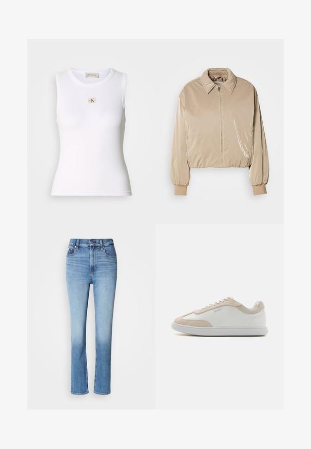 Beige, glanzende pufferjack met een kraag, een rits aan de voorkant en elastische manchetten. Beschikt over een cropped ontwerp en een soepele textuur.; Wit geribd mouwloos tanktop met Calvin Klein Jeans-label op de borst en binnenhalslabel.; Blauwe denim jeans met hoge taille, rechtvallende pasvorm, vervaagde kleurverloop en vijf-pocketstijl. Metalen knoop en ritssluiting.; Witte leren sneakers met beige suède accenten en witte veters. Beschikt over een ronde neus en een gevoerde zool voor comfort.