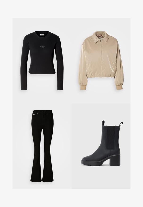 Beige, blank pufferjakke med krave, forreste lynlås og elastiske manchetter. Har et cropped design og en glat tekstur.; Sort langærmet top med en tætsiddende design og et lille Calvin Klein-logo på brystet, præsenteret mod en hvid baggrund.; Sorte bukser med flare, der har en tætsiddende talje, lavet af blødt denim. Har to forlommer og en klassisk knap- og lynlåslukning.; Sorte ankelstøvler i glat gummimateriale, med elastiske sidepaneler, blokhæle og trækskilt øverst for nem påtagning.