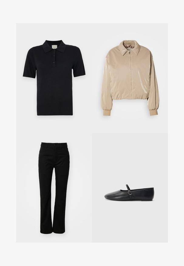 Beige lesklá prešívaná bunda s golierom, predným zipsom a elastickými manžetami. Má skrátený strih a hladkú textúru.; Calvin Klein FINE GAUGE - Polokošeľa - black; Čierne bavlnené nohavice s rovnými nohavicami, s predným zapínaním na gombík, pútkami na opasok a dvoma postrannými vreckami. Hladká textúra.; Čierne kožené baletky s špicatou špičkou, plochou podrážkou a malým remienkom so striebornou prackou.