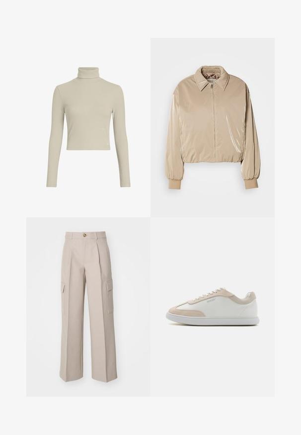 Beige, blank pufferjakke med krave, forreste lynlås og elastiske manchetter. Har et cropped design og en glat tekstur.; Lys beige ribbet turtleneck langærmet top med et tætsiddende design og høj hals. Har en subtil logo-tag i kanten. Glat tekstur.; Beige brede bukser lavet af stof, med frontfolder og to sidecargo-lommer. Indeholder en frontknaplukning.; Hvide lædersneakers med beige ruskindsdetaljer og hvide snøringer. Har en rund tå og en polstret sål for komfort.