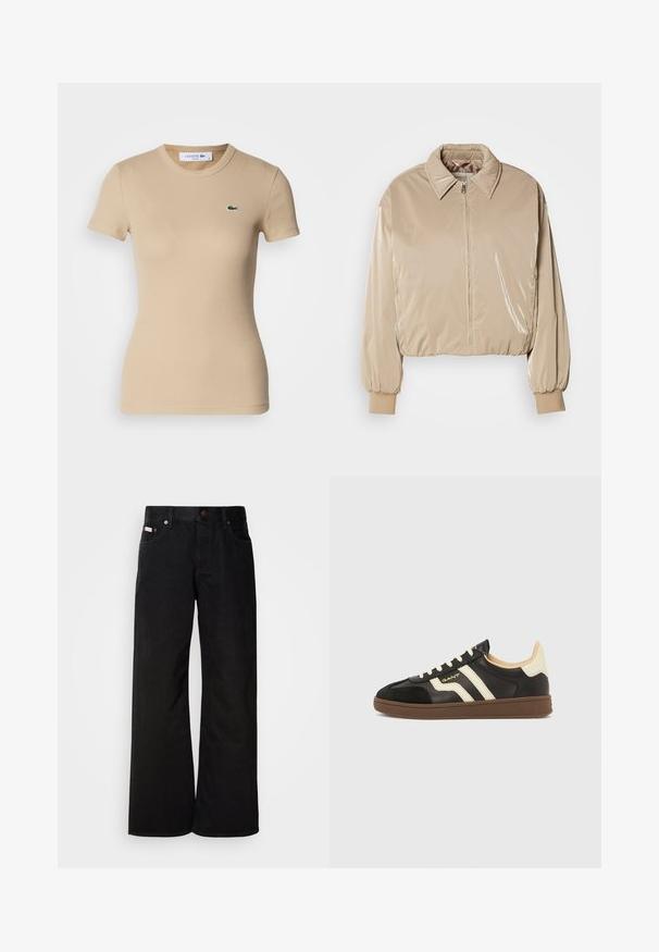 Beige, glänzende Pufferjacke mit Kragen, Frontreißverschluss und elastischen Bündchen. Verfügt über ein kürzer geschnittenes Design und eine glatte Textur.; Beige gerippte Baumwoll-T-Shirt mit kurzen Ärmeln, Rundhalsausschnitt, taillierter Form und einem kleinen grünen Lacoste-Logo auf der linken Brust.; Schwarze weite Jeans aus Baumwolle. Verfügt über frontale Taschen, einen Knopfverschluss und eine klassische Denim-Textur. Minimalistisches Design ohne Muster.; Schwarze Sneaker mit cremefarbenen Streifen, Obermaterial aus strukturiertem Leder und brauner Gummisohle. Verfügt über ein Schnürdesign und eine flache Silhouette.