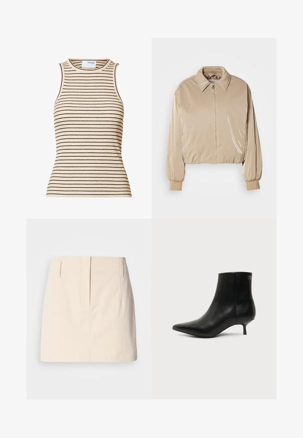 Chaqueta de plumas beige y brillante con cuello tipo camisa, cremallera frontal y puños elásticos. Presenta un diseño corto y una textura suave.; Top de punto beige sin mangas con finas rayas horizontales negras y escote redondo.; Calvin Klein Jeans SKIRT - Falda acampanada - fog; Botín de piel negra con puntera puntiaguda y tacón bajo estilo kitten sobre fondo claro, mostrando vista lateral exterior.