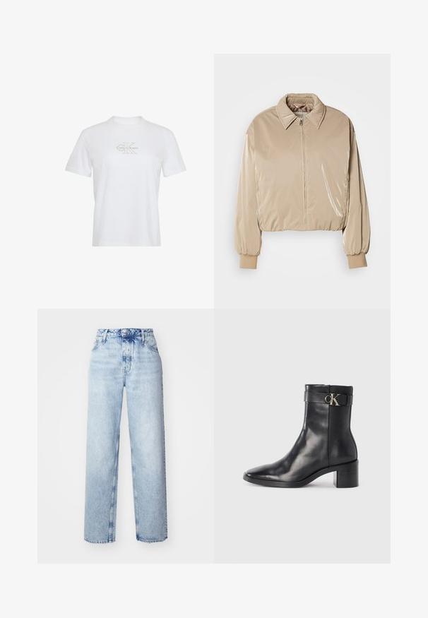 Beige, glänzende Pufferjacke mit Kragen, Frontreißverschluss und elastischen Bündchen. Verfügt über ein kürzer geschnittenes Design und eine glatte Textur.; Weißes Kurzarm-T-Shirt mit Rundhalsausschnitt und hellbeigem Calvin Klein-Logo zentral auf der Brust.; Hellblaue High-Waist-Jeans mit lockerer Passform, geradem Bein, fünf Taschen und klassischem Knopf- und Reißverschluss.; Schwarze Leder-Ankle Boots mit spitzem Zehenbereich, Blockabsatz und einem Riemen mit einem metallischen Logodetail. Glatte Textur und minimales Design.