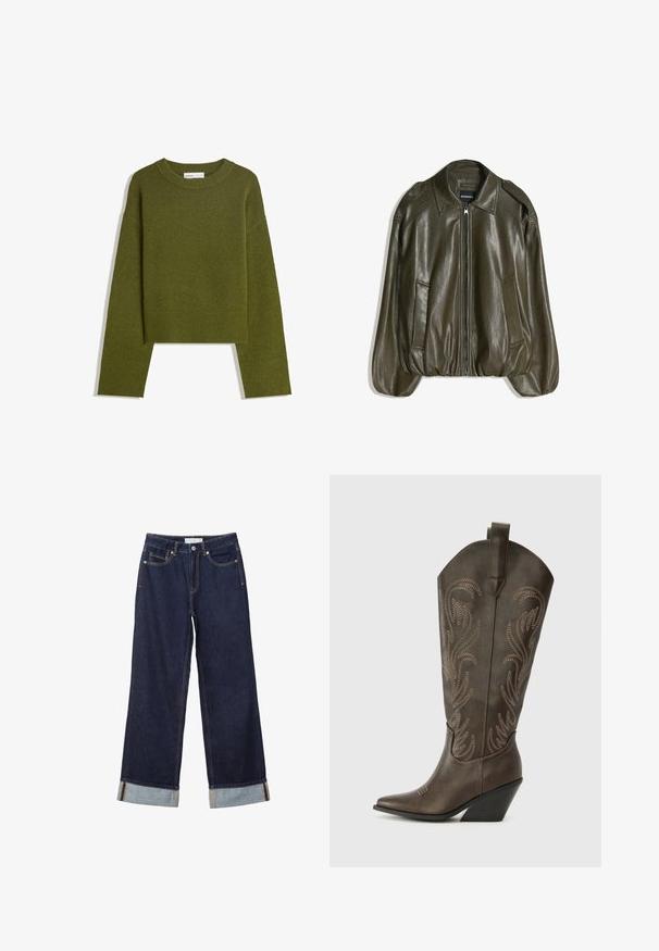 Veste en similicuir vert olive avec fermeture éclair frontale, col, deux poches latérales et ourlet et poignets élastiqués.; Pull en maille vert olive avec col rond, manches longues et ourlet côtelé. Présente un design court avec une finition douce et texturée.; Jean denim bleu foncé à jambes larges avec ourlets retroussés, bouton devant, braguette zippée et design à cinq poches.; Botte de cowboy en cuir marron avec un embout pointu, un talon compensé et des broderies décoratives. Dispose d'un long tige et d'une languette de tirage.