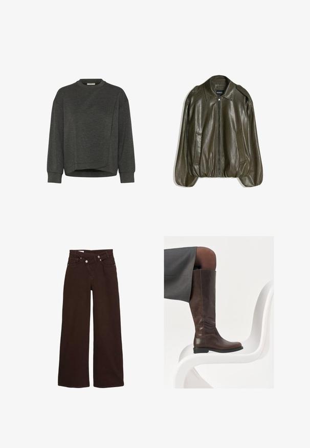 Veste en similicuir vert olive avec fermeture éclair frontale, col, deux poches latérales et ourlet et poignets élastiqués.; Sweatshirt gris foncé avec un col rond, des manches longues, un design asymétrique et une texture douce. Présente une coupe décontractée et des détails de couture minimalistes.; Jean taille haute marron foncé à jambes larges avec fermeture à double bouton, poches avant et passants pour ceinture, présenté sur un fond blanc.; Botte en cuir marron à hauteur de genou avec un bout arrondi, texture lisse et détails de couture minimalistes, placée sur un fond clair sur une chaise blanche.