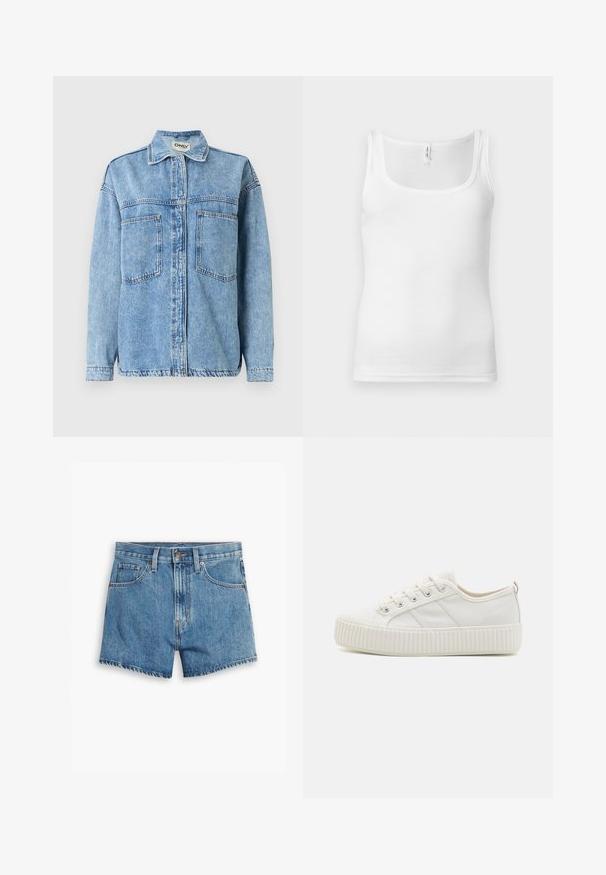 Hellblaue Jeansjacke mit langen Ärmeln, Knopfverschluss, zwei Fronttaschen und klassischem Kragen. Mit sichtbaren Nahtdetails.; Weißes Baumwoll-Top mit U-Ausschnitt, schmalen Trägern und figurbetontem Schnitt. Glatte Textur und minimalistischer Stil.; Hellblaue Denim-Shorts mit fünf Taschen, einem Reißverschluss und einem Knopfverschluss. Der Saum ist fransig und das Design bietet eine lässige Passform.; Weiße Segeltuchturnschuhe mit einer strukturierten Gummisohle, runder Zehenpartie und Schnürdesign, das drei seitliche Streifen aufweist.