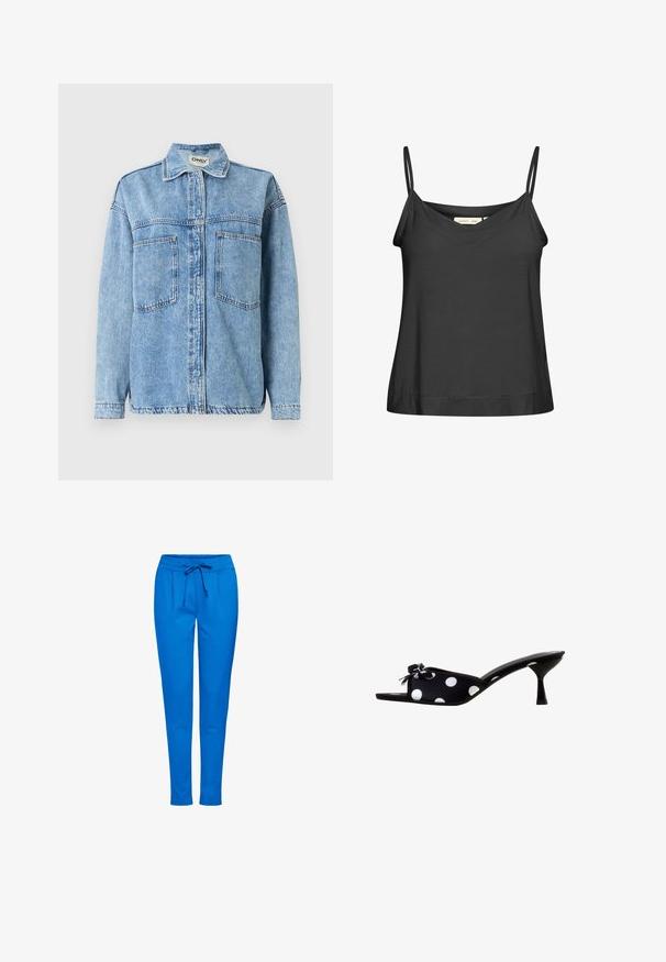 Lyseblå denimjakke med lange ærmer, knaplukning, to forlommer og en klassisk krave. Har synlige stikninger.; Sort, ærmeløs camisole med tynde stropper, V-udskæring, blødt stof og en afslappet pasform. Kantlinjen er let buet.; Blå joggingbukser lavet af blødt stof, med elastisk talje og snøre, to forlommer og smal bendesign.; Sort højhælet mule med hvide polkaprikker og en lille sløjfedetalje på den åbne tå, vist i sideprofil mod hvid baggrund.
