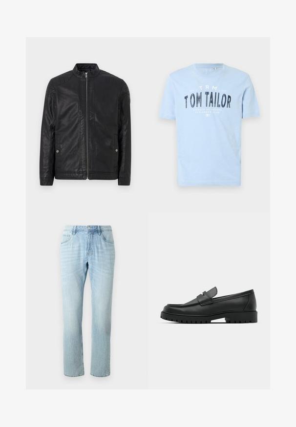 Sort læderjakke med høj krave, lodrette lynlåse, kviltede skulderdetaljer og sidelommer. Glat, mat tekstur.; Lyseblå bomulds t-shirt med rund halsudskæring og korte ærmer. Den har kraftig sort trykt tekst: "TOM TAILOR" samt yderligere brandingdetaljer.; Lyseblå denimjeans med lige ben, som har fem lommer, diskret falming og en metalknap i taljen.; Sorte læder loafers med rund tå, der har et syet design, lav platformssål og en struktureret, skridsikker gummisål.
