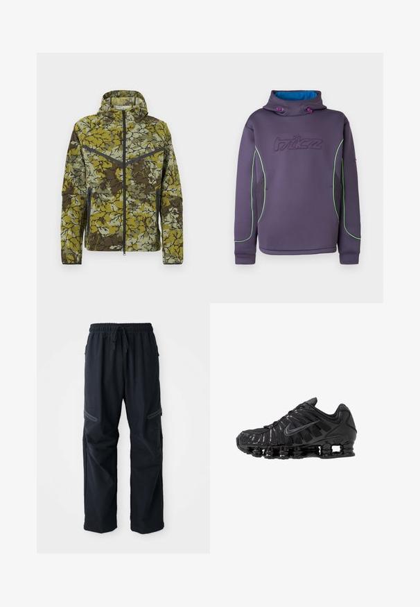 Jas met bloemenpatroon in groen en bruin. Voorzien van een ritssluiting aan de voorkant, capuchon en zijzakken met rits. Lichtgewicht, gestructureerde stof met contrastaccenten.; Paarse fleece hoodie met een hoge kraag, groene bies en een blauwe binnenvoering; voorzien van een geborduurd logo en elastische trekkoorden.; Zwarte casual broek met elastische tailleband, trekkoord en ritszakken op een witte achtergrond.; Zwarte sportschoenen gemaakt van mesh en synthetische materialen, met een opvallend golvend ontwerp, zwarte rubberen zool en reflecterende accenten.