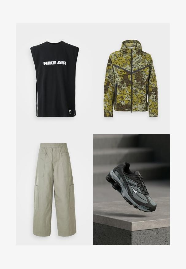 Rohelise ja pruuni lillemustriga jakk. Esiküljel lukk, kapuuts ja küljetaskud luku tõttu. Kerge, tekstuurse kangaga ja kontrastsete detailidega.; Mustamata varukatega Nike Air särk valge logotekstiga, mis on keskendatud rinnale, ja väike must Nike Air silt allääres.; Laiad, oliivrohelised cargo-püksid elastse vöökohtadega, mitme tasku ja sileda tekstuuriga. Kokkuklapitav laius allääris.; Hall ja musta sportlik toss, millel on võrkmaterjalist paneelid ja paks tald, paigutatud õhus betoonist äärekivi ja treppide kohal taustal.