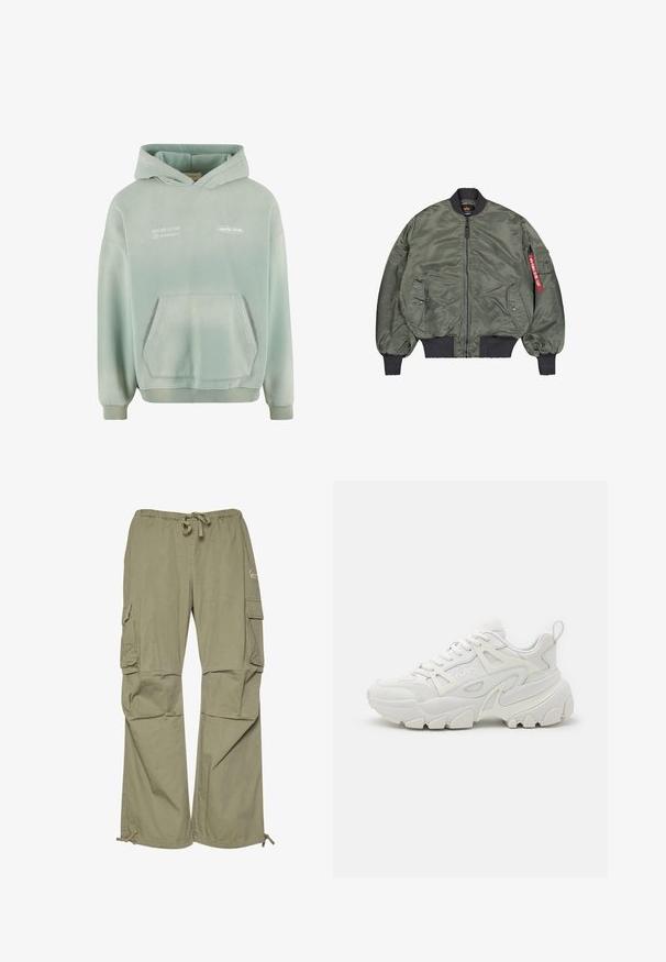 Bomber bunda v olivovo zelenej farbe, lesklý nylonový materiál. Obsahuje rebrované manžety a lem, zips vpredu, dve bočné vrecká a červenú visačku na rukáve.; Svetlozelená mikina s kapucňou, s vreckom na prednej strane, rebrovanými manžetami a spodným lemom. Na prednej strane sa nachádzajú biele vytlačené nápisy a mäkký, textúrovaný povrch.; Khaki nohavice v olivovej zelenej farbe, vyrobené z ľahkej látky, s elastickým pásom, nastaviteľnými manžetami a viacerými bočnými vreckami.; Biele atletické tenisky s textúrovaným zvrškom, sieťovinovými panelmi, výraznou gumovou podrážkou a dekoratívnymi výrezmi po stranách.