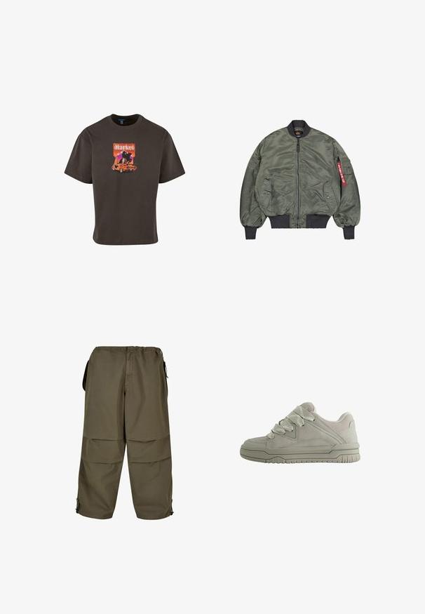 Veste bombardier en vert olive, en nylon brillant. Comprend des poignets et un ourlet côtelés, une fermeture éclair à l'avant, deux poches latérales et une étiquette rouge sur la manche.; T-shirt en coton brun foncé avec un imprimé graphique d'une voiture et le mot "Market" en couleurs vives, offrant une coupe décontractée et des manches courtes.; Pantalons cargo khaki avec une taille élastique, des poches latérales et des accents à bouton-pression. Le tissu a une texture lisse et légère.; Baskets basses grises avec de larges lacets texturés, col rembourré, panneaux cousus et semelle en caoutchouc rainurée pour une meilleure adhérence.