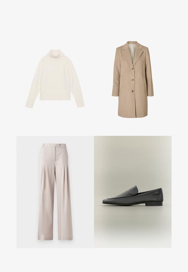Beige uldblandet frakke med klapkrave, tre frontknapper og sidelommer. Har et glat inderfor og lige snit.; Lyscreme turtleneck sweater med ribbet tekstur, raglanærmer og tætsiddende kant. Blødt materiale og afslappet silhuet.; Beige vidde bukser med en glat tekstur, plisseret frontdesign og en skræddersyet talje. Velegnet til formelt eller afslappet brug.; Sorte læder loafers med en glat overflade, spids tå og minimalistisk design. Lav stablet hæl og subtile syninger.