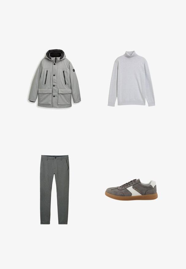 Grå hættejakke med sort indvendigt, featuring lynlåslommer på brystet, store forlommer og et slankt, struktureret design.; Lys grå turtleneck sweater lavet af blødt strikstof, med lange ærmer og ribbede detaljer ved kraven og kanten.; Grå bukser lavet af struktureret stof, med en slim fit, sidelommer, bæltestropper og en enkelt knaplukning i livet.; Grå og hvide lave sneakers med perforerede sider, brun gummisål, snørebånd og "Tom Tailor" mærkning på siden og sålen.