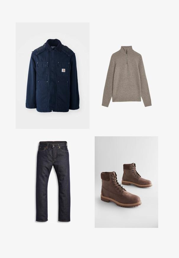 Marineblauwe geïsoleerde jas met een knoopsluiting aan de voorkant, twee borstzakken en een gequilt ontwerp op de schouders. Gemaakt van stevig materiaal.; Marks & Spencer HALF ZIP - Trui - neutral; Donkerblauwe denim jeans met rechte snit, vijf zakken, metalen hardware en contrasterende oranje stiksels. Glad oppervlak, geen zichtbare patronen.; Bruine leren enkellaarsjes met een gestructureerde afwerking, een gevoerde kraag, metalen oogjes en een robuuste rubberen zool. Stijlvol ontwerp voor duurzaamheid.