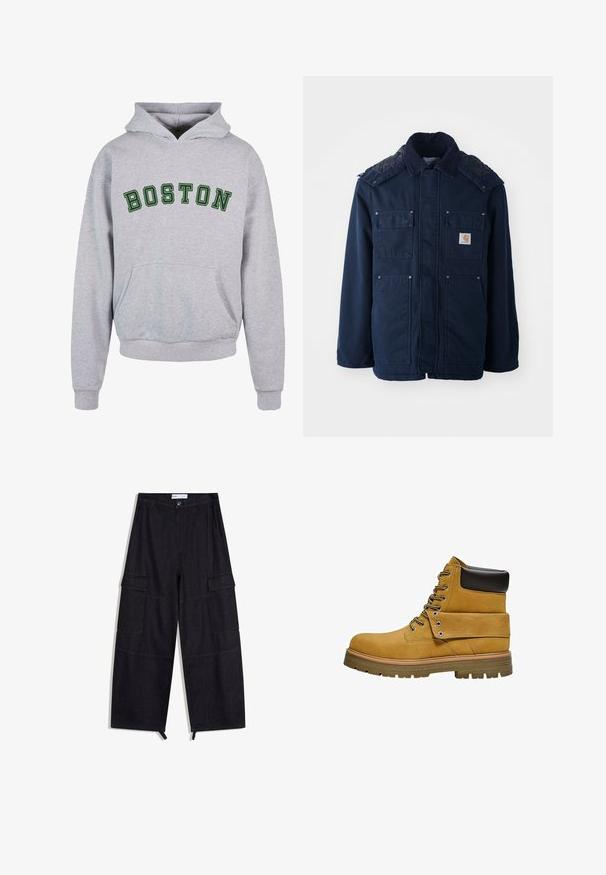 Mørkeblå isoleret jakke med knaplukning foran, to brystlommer og en quiltet skulderdesign. Fremstillet af robust stof.; Grå hættetrøje med en frontlomme, prydet med "BOSTON" i mørkegrønne buede bogstaver på brystet. Klassisk design med snoretræk til hætten.; Sorte vidde cargobukser med sidelommer med klapper, bæltestropper og justerbare bånd ved benåbningen.; Tanfarvet arbejdsstøvle med sort polstret krave, snørelukning foran, nedfoldelig flap fastgjort med metaløjer og tyk gummisål med dybt mønster.