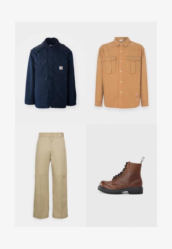 Marineblau isolierte Jacke mit Knopfleiste, zwei Brusttaschen und gestepptem Schulterdesign. Hergestellt aus strapazierfähigem Stoff.; Braunes Denim-Hemd mit zwei Brusttaschen, spitzem Kragen, durchgehender Knopfleiste und kontrastierenden Nähten. Mit Logo-Patch und Schlaufen-Detail.; Beige, weit geschnittene Hosen aus robustem Stoff, mit hoher Taille, sichtbaren Nähten und einem kleinen Logopatch an der Seite.; Braune, strukturiertes Leder-Ankelboot mit schwarzen Schnürsenkeln, goldenen Ösen, schwarzer dicker Profilsohle und Zuglasche auf der Rückseite, seitliche Ansicht.