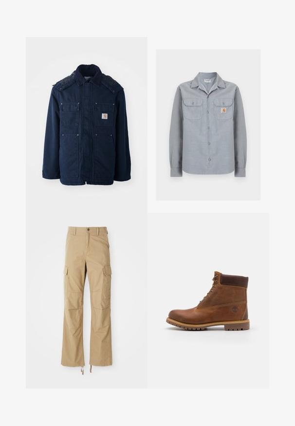 Veste isolée bleu marine avec un devant à boutons, deux poches poitrine et un design matelassé sur les épaules. Fabriquée en tissu solide.; Chemise à manches longues gris clair avec deux poches poitrine, dont une avec un petit patch logo Carhartt sur le côté droit.; Pantalons cargo kaki en tissu durable, dotés de plusieurs poches latérales, d'une coupe droite et de cordons de serrage réglables à l'ourlet.; Botte de randonnée en cuir marron avec une finition lisse, cheville rembourrée, œillets en métal et semelle en caoutchouc dotée d'un motif de crampons robuste.